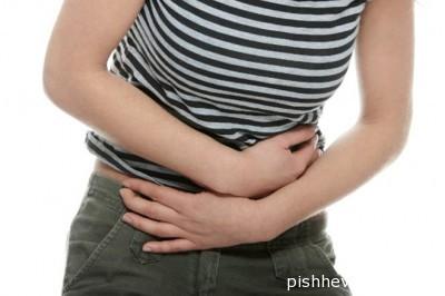Woman with stomach issues isolated on white background